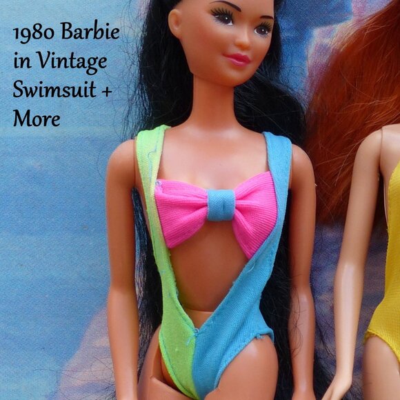 TAN BARBIE, LOVELY BLACK HAIR, CUTOUT SWIMSUIT, JUMPSUIT, BLOUSE 1980 BEACH DOLL - Picture 1 of 9